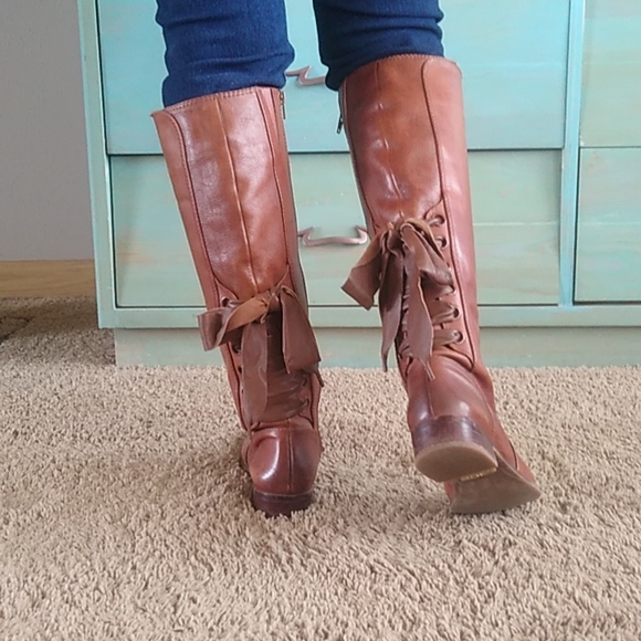 Gianni Bini Shoes - Gianni Bini Brown leather tall boots with lace up back